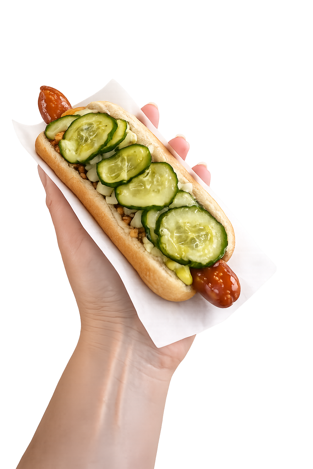 Hånd holder en klassisk dansk hotdog med hjemmelavede agurker, sennep, ketchup og ristede løg